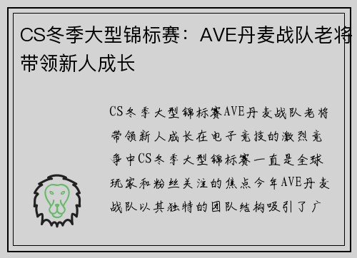 CS冬季大型锦标赛：AVE丹麦战队老将带领新人成长